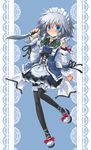  black_legwear blue_eyes blush braid detached_sleeves highres izayoi_sakuya knife kukri maid_headdress patricia_(stylish_marunage) short_hair silver_hair solo thighhighs touhou twin_braids weapon 