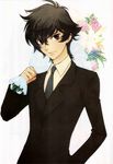  black_hair bouquet flower formal gundam gundam_00 kouga_yun male_focus necktie red_eyes scan setsuna_f_seiei smile solo suit 