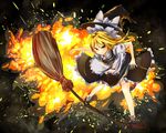  action apron blonde_hair broom broom_surfing dqn_(dqnww) dress explosion hat hat_ribbon kirisame_marisa long_hair ribbon solo touhou waist_apron witch_hat yellow_eyes 