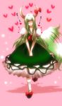  blush dress ex-keine gradient_hair green_hair heart heart-shaped_pupils highres horn_ribbon horns kamishirasawa_keine kinako_(nurupoga) long_hair multicolored_hair red_eyes ribbon solo symbol-shaped_pupils tail tail_wagging touhou translated v_arms white_hair 