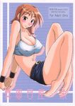  barefoot belt blush bracelet breasts brown_eyes cleavage cover cover_page denim denim_skirt doujinshi highres isao jewelry large_breasts legs nail_polish nami_(one_piece) one_piece orange_hair shirt short_hair skirt solo taut_clothes taut_shirt 