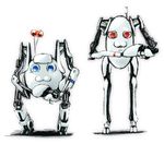  :3 aperture_science_handheld_portal_device atlas_(portal) blue_eyes fusion kusaba_(kusabashiki) no_humans p-body portal portal_(series) portal_2 red_eyes robot yaranaio yaruo 