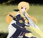  akisaka_yamoka armor bardiche black_dress blonde_hair cape dress fate_testarossa gloves hair_ribbon long_hair lyrical_nanoha mahou_senki_lyrical_nanoha_force ponytail red_eyes ribbon solo thighhighs 