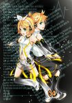  1girl aqua_eyes arm_warmers back-to-back blonde_hair brother_and_sister detached_sleeves hair_ornament hair_ribbon hairclip headphones kagamine_len kagamine_len_(append) kagamine_rin kagamine_rin_(append) leg_warmers m-mo navel ribbon short_hair shorts siblings twins vocaloid vocaloid_append wall_of_text 