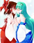  blush bow breast_press breasts brown_hair closed_eyes detached_sleeves french_kiss frog_hair_ornament green_hair hair_bow hair_ornament hair_tubes hakurei_reimu holding_hands kiss kochiya_sanae large_breasts long_hair multiple_girls red_string saliva saliva_trail sesield short_hair string symmetrical_docking tongue topless touhou very_long_hair yuri 