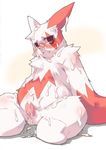  balls black_eyes blush censored chest_markings chest_tuft cum cum_covered face_markings facial_cumshot harusuke looking_at_viewer male markings messy penis pok&eacute;mon sitting solo white zangoose 