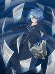  black_coat_(kingdom_hearts) blue_eyes blue_hair book byouna cloak gloves hair_over_one_eye highres kingdom_hearts male_focus pages solo zexion 