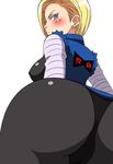  android_18 angry aqua_eyes ass blonde_hair blush breasts dragon_ball dragonball dragonball_z e_rondon_boots earrings female huge_ass jacket jewelry looking_back looking_down pantyhose short_hair simple_background skin_tight solo white_background 