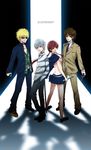  3boys accelerator bad_id bad_pixiv_id blonde_hair brown_eyes brown_hair cellphone choker crutch etzali highres multiple_boys musujime_awaki phone red_eyes red_hair sarashi school_uniform skirt sunglasses to_aru_majutsu_no_index tsuchimikado_motoharu unabara_mitsuki white_hair wolf025 