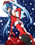  armpits blue_hair boots breasts collar flat_chest grin hat kneehighs long_hair nymph_(sora_no_otoshimono) rayno santa_costume santa_hat sideboob small_breasts smile snow solo sora_no_otoshimono twintails 