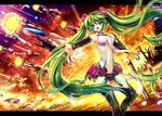  aircraft aqua_eyes arrowhead_(r-type) bird bridal_gauntlets capura_lin cloud crossover force_(r-type) green_hair hatsune_miku hatsune_miku_(append) highres letterboxed long_hair missile navel necktie open_mouth r-type seagull solo space_craft starfighter sunset thighhighs twintails very_long_hair vocaloid vocaloid_append 