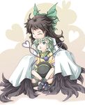  aqua_eyes aqua_hair black_hair bow cuddling eyeball green_bow hair_bow hat heart heart_of_string komeiji_koishi marujin multiple_girls reiuji_utsuho short_hair third_eye touhou wing_hug wings younger 