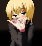  atahuta black_background blonde_hair blue_eyes blush cum cum_in_hands cum_in_mouth cum_on_tongue cum_string erica_hartmann fellatio_gesture hands looking_at_viewer naughty_face open_mouth oral_simulation petite saliva short_hair solo strike_witches tongue upper_body world_witches_series 