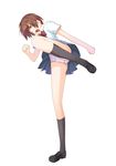  brown_hair kicking kneehighs original panties pantyshot school_uniform short_hair skirt solo underwear yamamoto_shima 