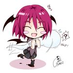  ? ^_^ bat_wings black_legwear blouse blush_stickers chibi closed_eyes english fangs ghost hayate-s head_wings holding koakuma konpaku_youmu_(ghost) loose_socks purple_hair shoes short_hair skirt socks solo struggling sweatdrop tail tail_wagging touhou translated wings 