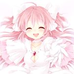  alternate_costume blush bow breasts cleavage closed_eyes dress gloves hair_bow highres kaname_madoka mahou_shoujo_madoka_magica medium_breasts pink_hair reaching smile solo spoilers ultimate_madoka yui_(spica) 