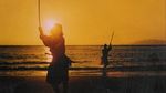  beach epic fight katana miyamoto_musashi sasaki_kojirou sunset sword 