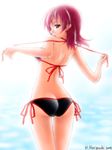  ass bikini breasts butt_crack from_behind horiguchi_hiroshi original parted_lips purple_eyes red_hair short_hair small_breasts solo swimsuit thigh_gap underboob 