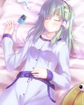  bad_id bad_pixiv_id bed blush closed_eyes digital_media_player frog green_hair hair_ornament headphones ipod jewelry kochiya_sanae long_hair pajamas pyonta ring shiwasuzuki smile snake solo touhou wedding_band 