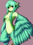  1girl feathers green_hair green_skin harpy monster_girl pointy_ears red_eyes solo wings 