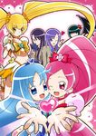  :d ahoge bat_wings blonde_hair blue_eyes blue_hair book boots bow choker cure_blossom cure_marine cure_sunshine dark_precure earrings flower glasses green_hair hair_ornament hairpin hanasaki_tsubomi happy heart heartcatch_precure! high_heels jewelry kurumi_erika kurumi_momoka lace long_hair magical_girl midriff multiple_girls myoudou_gakuen_high_school_uniform myoudouin_itsuki navel official_style open_mouth orange_bow orange_choker orange_skirt pink_background pink_bow pink_eyes pink_hair ponytail precure purple_eyes purple_hair red_choker ribbon school_uniform shoes short_hair sidelocks skirt smile sparkle tsukikage_yuri twintails wings wrist_cuffs yellow_bow yellow_eyes yuuma_(skirthike) 