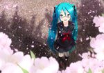  akahige aqua_eyes aqua_hair bespectacled cherry_blossoms from_above glasses hatsune_miku headset long_hair petals school_uniform serafuku smile solo twintails very_long_hair vocaloid vocaloid_(lat-type_ver) 
