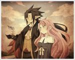  1girl artina_(disgaea) bird black_hair blue_eyes cape closed_eyes disgaea dress gloves long_hair makai_senki_disgaea_4 pink_hair ponytail smile tsukiko_(meltdown) valvatorez_(disgaea) 