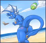  bikini blue blue_body breasts butt clothed clothing dragon female furry-specific_piercing ice_cream javanshir lakebound piercing seaside skimpy solo swimsuit tail_piercing tight_clothing volleyball 