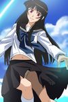  arashiyama_sayoko black_hair bow cloud day from_below haruyama_kazunori kneehighs long_hair natsu_no_arashi! navel panties red_eyes school_uniform serafuku skirt sky solo underwear upskirt 