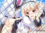  against_fence arshes_(yunibaru!) ass ass_grab blonde_hair blush breast_grab breasts cum fence fugetsu_taku game_cg grabbing hairband leaning_forward long_sleeves medium_breasts nipples open_mouth red_eyes sex solo_focus wavy_mouth yunibaru! 