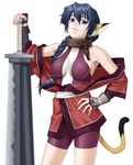  animal_ears blue_eyes blue_hair collar female hair ichikawa_masahiro japanese_clothing karura long_blue_hair long_hair looking_at_viewer ponytail soft solo standing sword tail tight_clothing utawarerumono weapon 