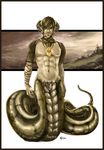  1boy abs chest earrings full_body highres jewelry lamia male male_focus monster_boy monster_girl muscle naga nature pecs pointy_ears scenery sky snake solo topless 