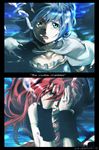  bad_id bad_pixiv_id bare_shoulders blue_eyes blue_hair border bubble cape covering_eyes detached_sleeves english face highres long_hair magical_girl mahou_shoujo_madoka_magica miki_sayaka multiple_girls open_mouth parody red_hair sakura_kyouko shorts star_driver tori_(ritcrover) underwater 