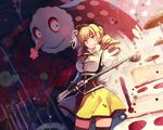  beret blonde_hair cake charlotte_(madoka_magica) drill_hair fingerless_gloves food glint gloves gun hat light_smile magical_girl magical_musket mahou_shoujo_madoka_magica puffy_sleeves rednian rifle thighhighs tomoe_mami weapon witch's_labyrinth yellow_eyes 