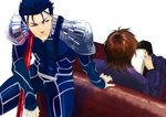  blue_hair brown_hair fate/stay_night fate_(series) hali highres kotomine_kirei lancer male_focus multiple_boys red_eyes 