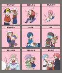  6+boys akane_(pokemon) alternate_costume apollo_(pokemon) ascot backwards_hat baseball_cap belt blonde_hair blood bow bowtie brown_hair cape carrying closed_eyes elbow_gloves eye_contact futeni gloves gold_(pokemon) green_hair grey_hair grin hat hat_ribbon hayato_(pokemon) headband highres holding_hands hug hug_from_behind kotone_(pokemon) lance_(pokemon) lavender_hair looking_at_another matsuba_(pokemon) minaki_(pokemon) multiple_boys multiple_girls nosebleed one_eye_closed open_mouth overalls pink_hair pokemon pokemon_(game) pokemon_hgss purple_hair red_ribbon ribbon scarf short_twintails shorts silver_(pokemon) single_letter sitting_on_arm smile surprised tears thighhighs translated tsukushi_(pokemon) twintails wataru_(pokemon) 