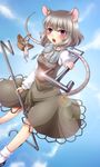  &gt;_&lt; animal animal_ears bad_id bad_pixiv_id basket blush bobby_socks capelet closed_eyes day dowsing_rod dress foreshortening geike highres lens_flare mouse mouse_ears mouse_tail nazrin open_mouth purple_eyes short_hair silver_hair sky socks solo tail touhou 
