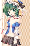 bad_id bad_pixiv_id bare_shoulders flat_chest green_eyes green_hair hat horon mouth_hold navel off_shoulder open_clothes open_shirt ribbon shiki_eiki shirt short_hair skirt skirt_pull solo touhou 