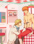  2boys bleach blonde_hair blush cyborg examination facial_hair glasses kim_pang-e kurosaki_ichigo labcoat medical multiple_boys orange_hair science shirtless stubble topless urahara_kisuke 