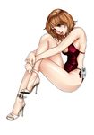  alternate_color breasts brown_eyes brown_hair casual_one-piece_swimsuit cleavage hanamura high_heels legs lips long_legs medium_breasts one-piece_swimsuit open_toe_shoes original shoes short_hair sideboob solo swimsuit thighs 