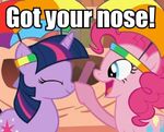  cute equine female friendship_is_magic horns humour my_little_pony nose pinkie_pie_(mlp) poke twilight_sparkle_(mlp) umbrella_hat unicorn 