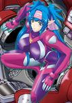  bandana blue_hair blush bodysuit boots breasts cockpit eyebrows giantess gloves green_eyes klan_klein large_breasts long_hair macross macross_frontier mecha meltrandi multicolored multicolored_bodysuit multicolored_clothes nipples pilot_suit pink_bodysuit pointy_ears power_armor purple_bodysuit purple_footwear queadluun-rea s.m.s. spacesuit very_long_hair xanadu zentradi 