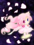  ahoge bad_id bad_pixiv_id blue_eyes blush brooch cape chibi clenched_hand dress flower full_body heartcatch_precure! heterochromia jewelry long_hair magical_girl mugen_silhouette petals pink_hair precure red_eyes ruei_(chicking) scarf smile solo space thighhighs twintails zettai_ryouiki 