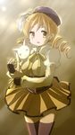  ^_^ blonde_hair closed_eyes drill_hair fingerless_gloves gloves hat kyubey long_hair mahou_shoujo_madoka_magica skirt thighhighs tomoe_mami twin_drills twintails ubizo yellow_eyes zettai_ryouiki 