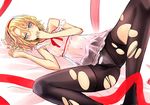  alice_margatroid black_legwear blonde_hair blue_eyes blush face hairband lying nabeshima_tetsuhiro on_side panties panties_under_pantyhose pantyhose see-through short_hair solo spread_legs strap_slip torn_clothes torn_legwear touhou underwear underwear_only 