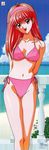  1girl 90s absurdres bikini breasts cleavage dated day fujisaki_shiori hairband happy highres kokura_masashi long_hair medium_breasts navel pink_bikini red_eyes red_hair side-tie_bikini solo swimsuit thigh_gap tokimeki_memorial tokimeki_memorial_1 