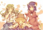  bad_id bad_pixiv_id blonde_hair blue_hair blush closed_eyes detached_sleeves fang frog green_hair hand_to_own_mouth hat holding_hands kochiya_sanae masirosu midriff moriya_suwako multiple_girls red_eyes shopping smile spring_onion touhou yasaka_kanako 