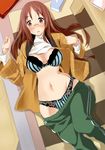  blush bra breasts brown_eyes brown_hair curvy date_(senpen) glasses k-on! large_breasts lingerie long_hair lying midriff navel open_mouth panties pants shirt_lift solo track_pants underwear undressing wide_hips yamanaka_sawako 