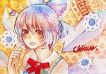  bad_id bad_pixiv_id blue_hair bow character_name cirno collaboration hair_bow heart lace mixed_media moggy-cat nekosuke open_mouth orange_eyes short_hair snowflakes solo touhou traditional_media watercolor_(medium) wings 