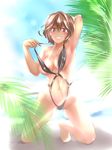  armpits arms_up barefoot beach bloom brown_eyes brown_hair day grin k2isu kneeling original short_hair smile solo swimsuit 